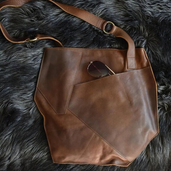 Kiko Leather Asymmetric Geometric Leather Long-Handle Tote - Brown - Picture 1 of 9